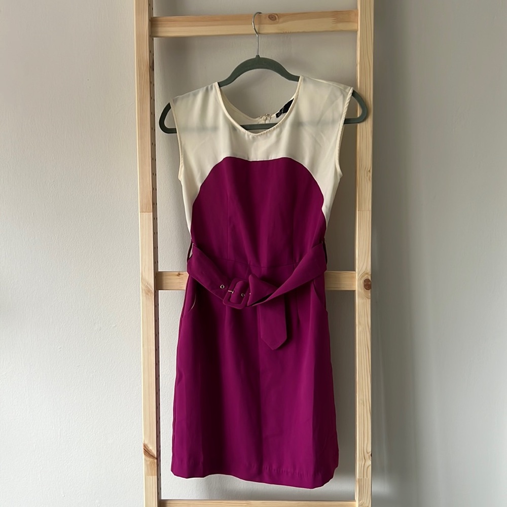 Ivory and fuchsia belted dress